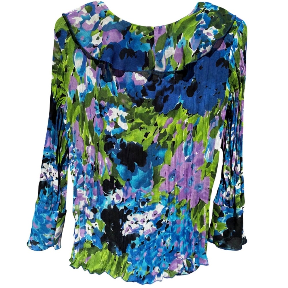 Sunny Leigh M Blue Green Floral Ruffle‎ Blouse Sheer Long Sleeve Statement Top - Picture 4 of 6